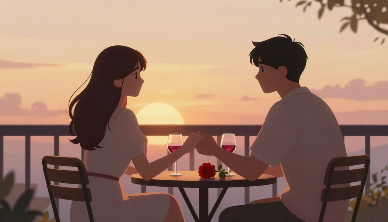 A romantic and soft illustration of a couple sitting on a co...