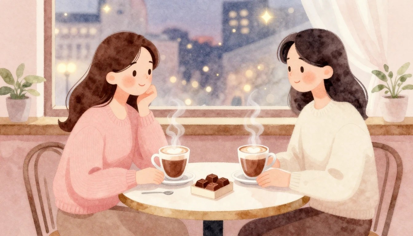 A soft and dreamy watercolor illustration of a cozy cafe tab...