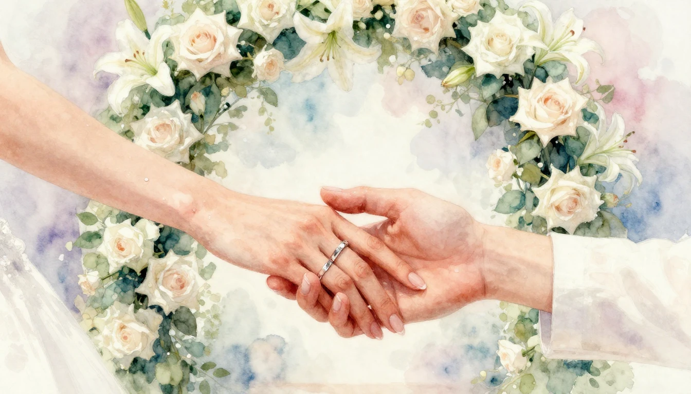 A romantic and dreamy watercolor painting focusing on two ha...