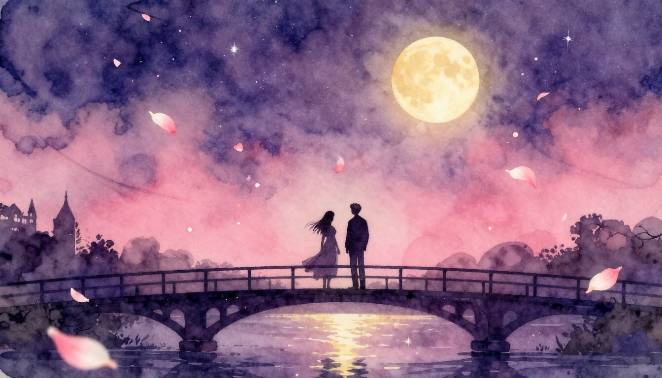 A beautiful watercolor painting of two silhouettes standing ...