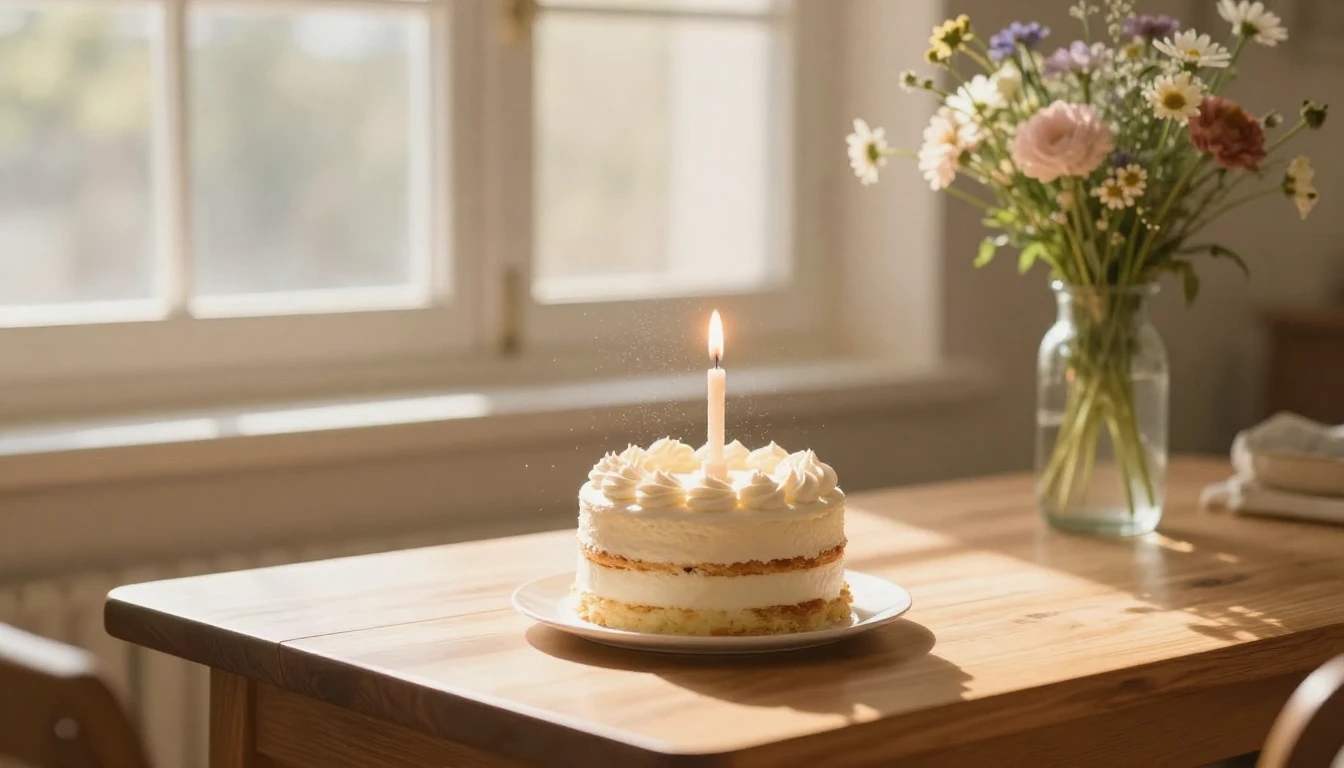 A serene scene of a sunlit room with a small, elegant cake o...