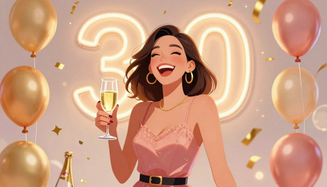 A vibrant and joyful illustration celebrating a 30th birthda...