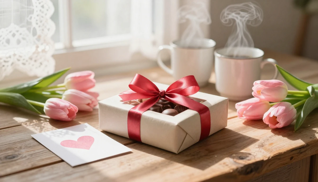A heartwarming close-up scene of a beautifully wrapped box o...