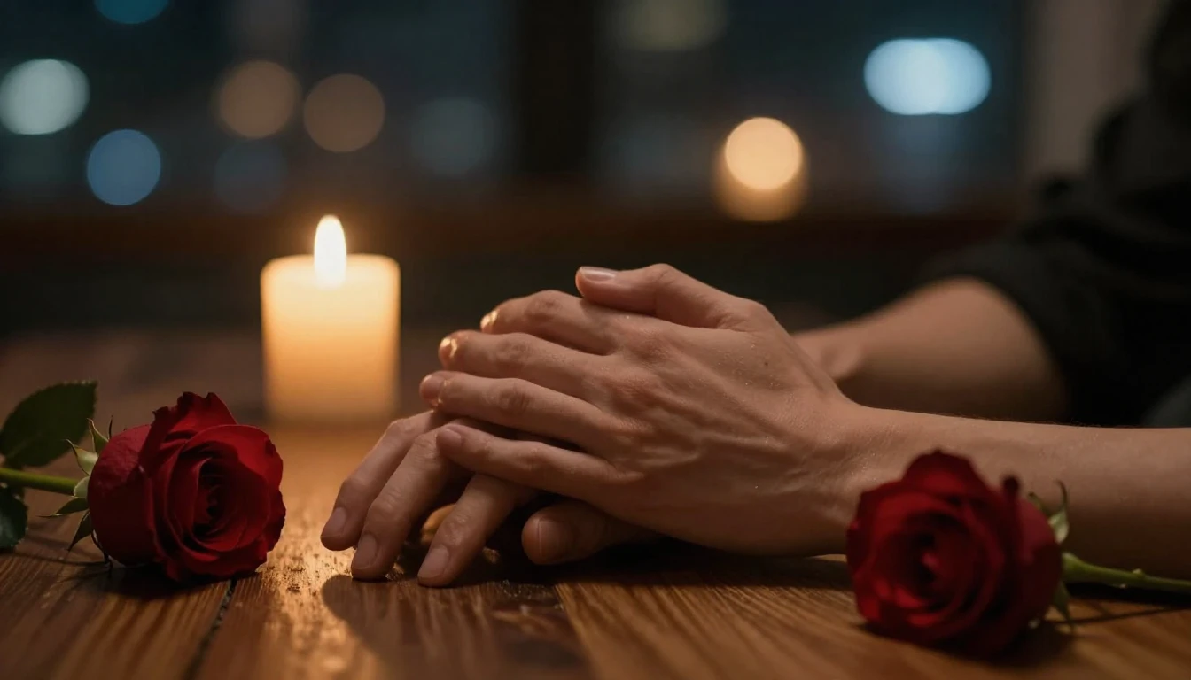 A close-up cinematic shot of two hands gently holding each o...