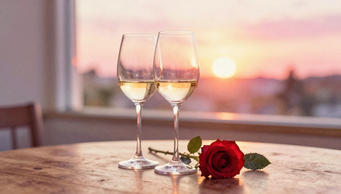 A soft watercolor painting of two elegant wine glasses sitti...