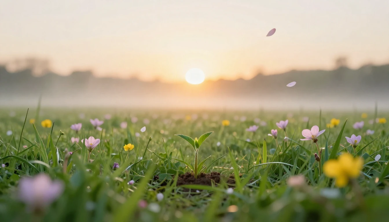 A breathtaking scene of a lush green meadow at dawn during t...