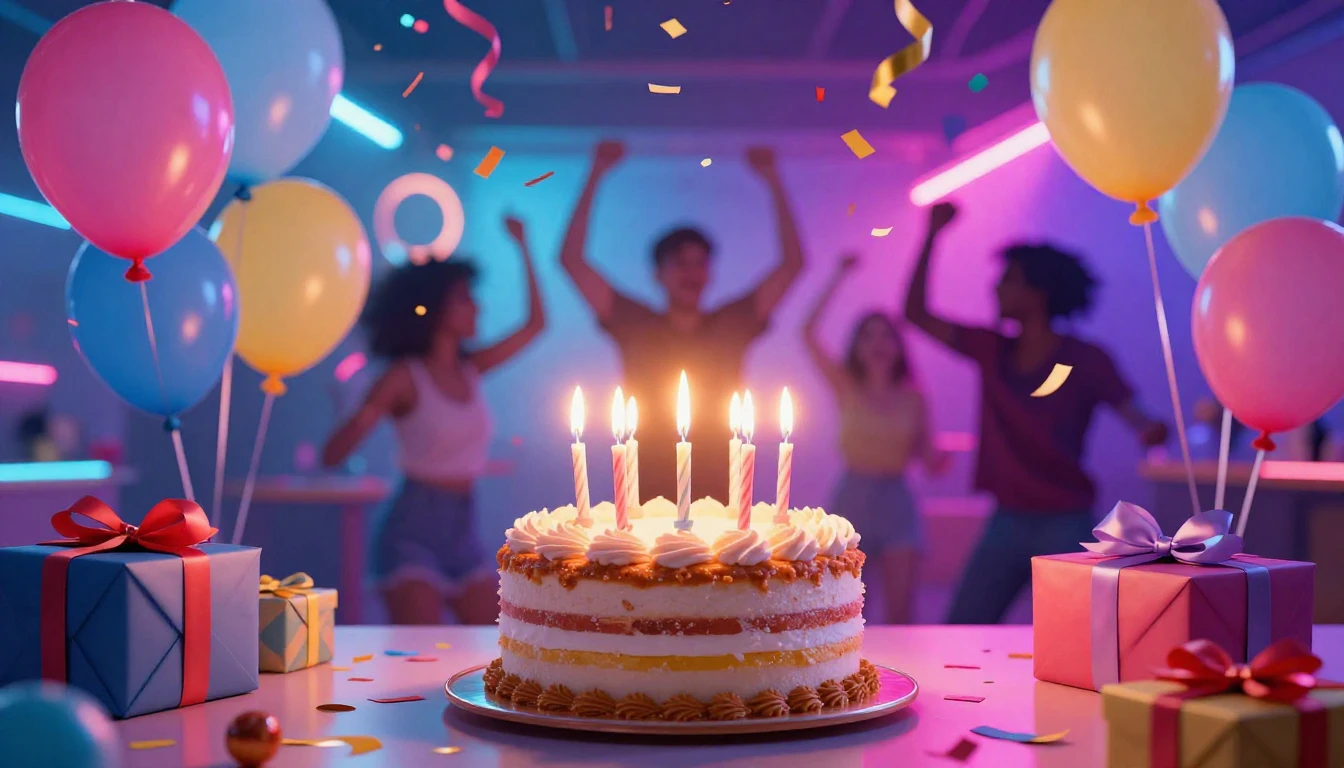 A vibrant and colorful birthday celebration scene, focusing ...