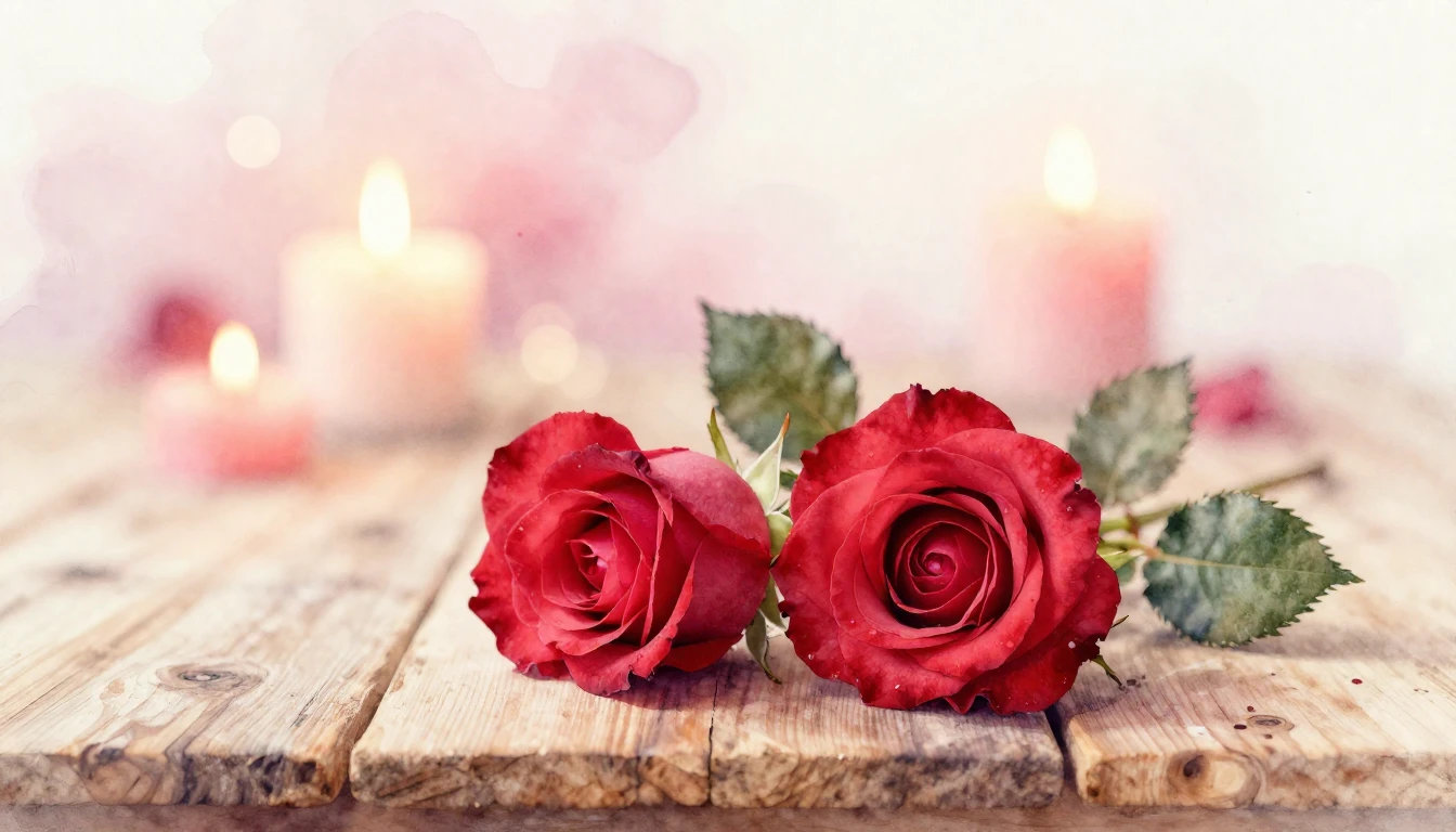 A soft watercolor painting of two delicate red roses intertw...