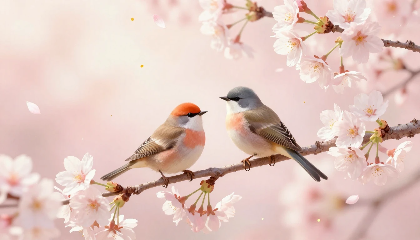 A beautiful and delicate scene featuring two stylized birds ...