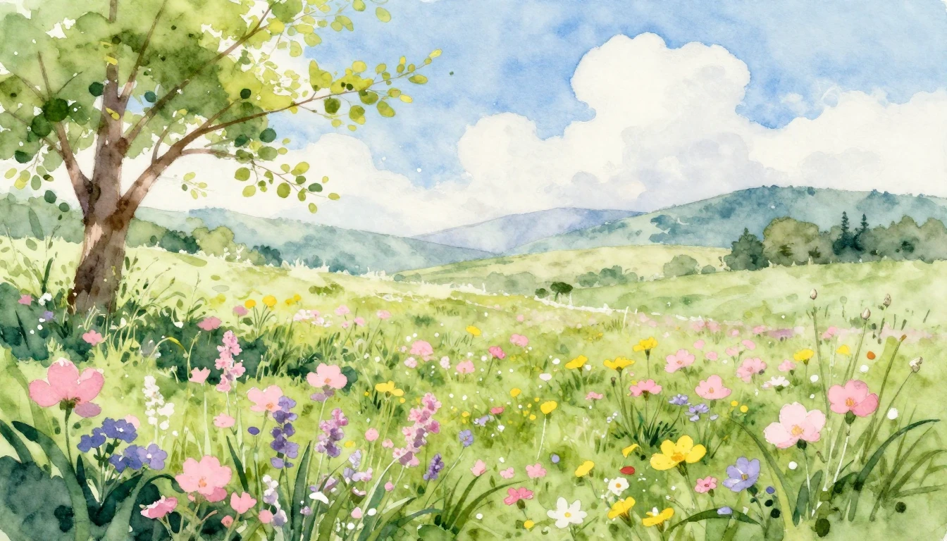 A beautiful watercolor painting of a lush spring meadow fill...