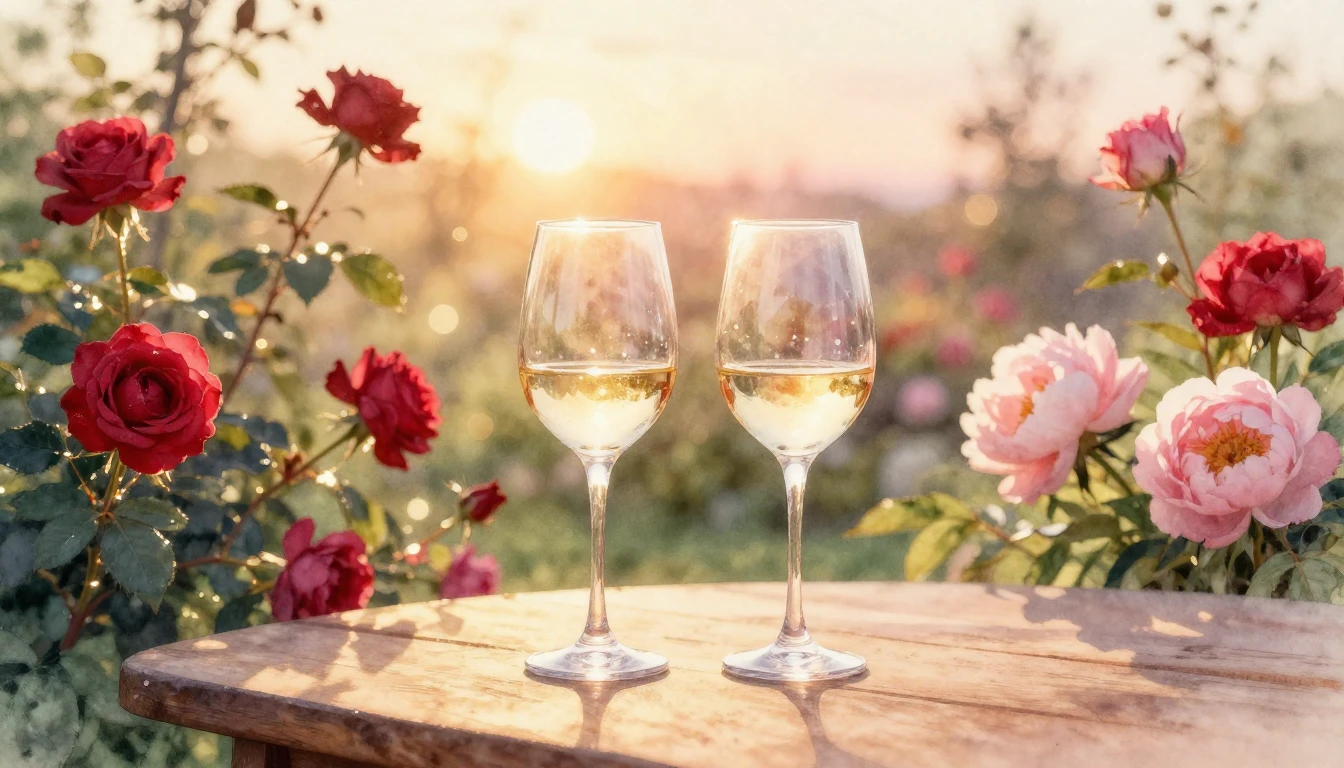 A soft watercolor painting of two elegant wine glasses sitti...