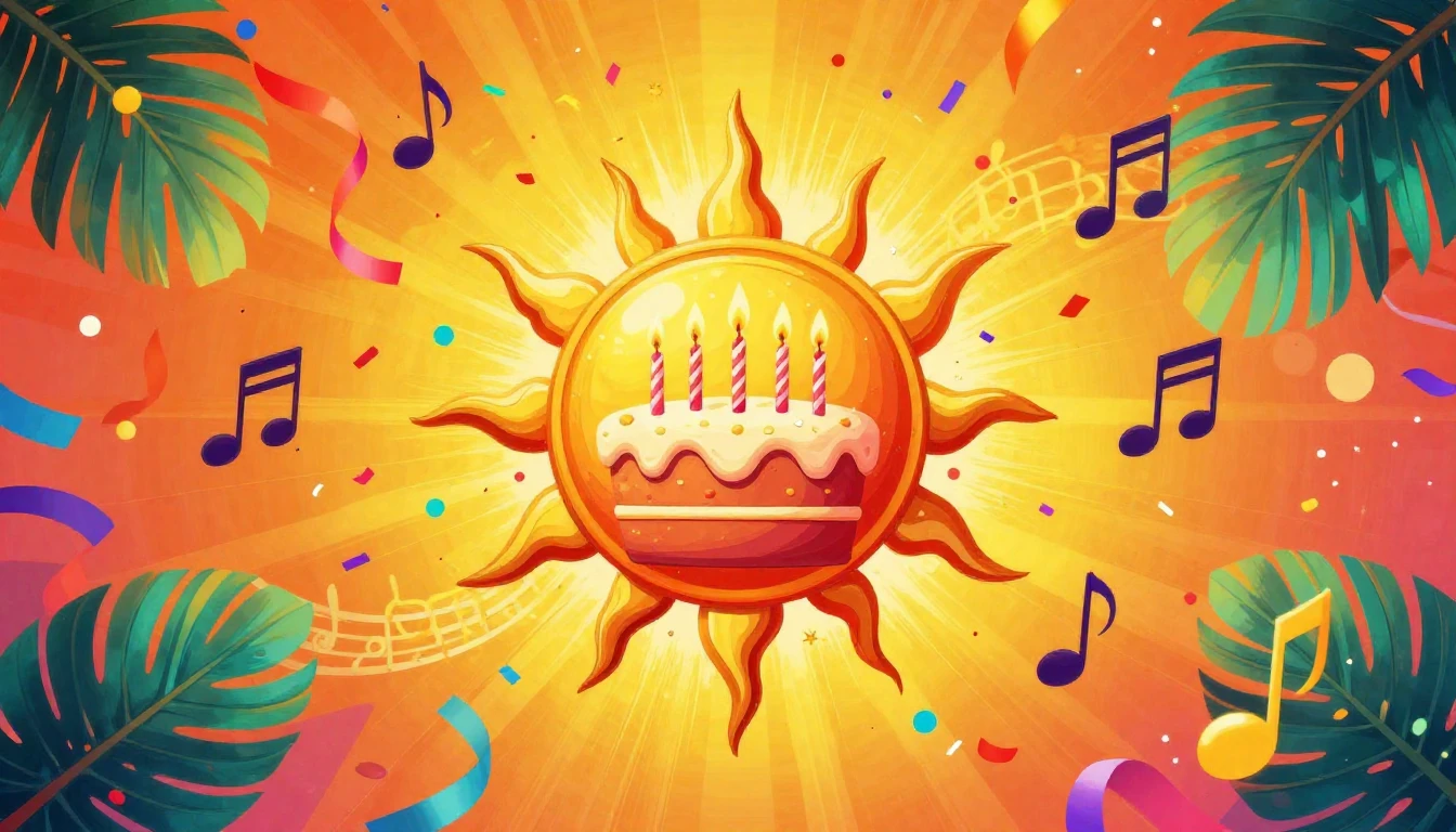 A vibrant and festive digital artwork designed for a music s...