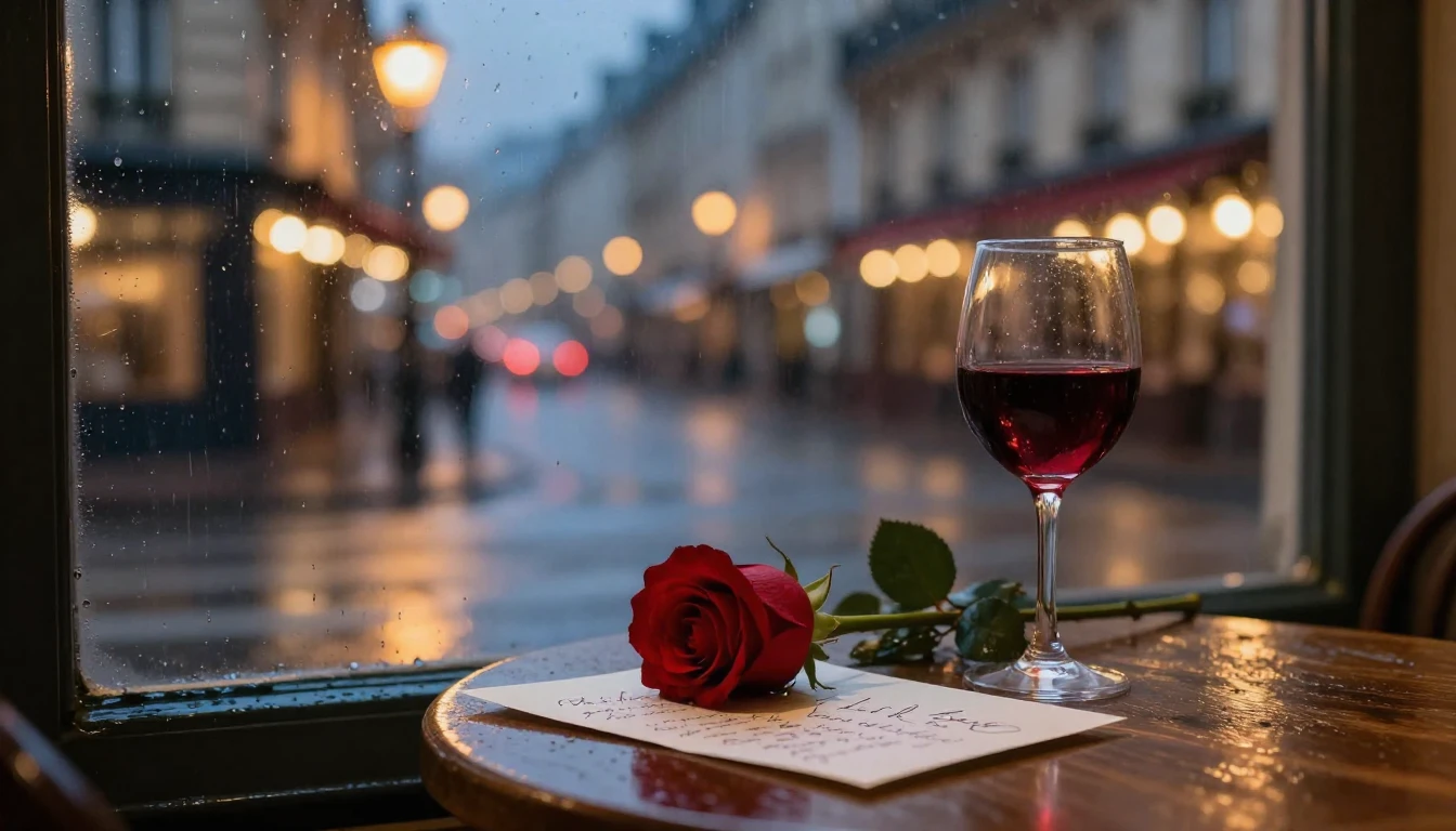 A romantic scene in a rainy Parisian street at night, viewed...
