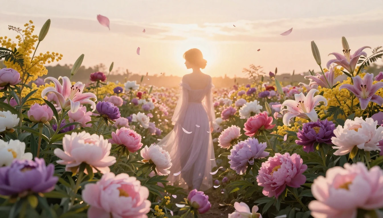 A breathtaking field of diverse blooming flowers like peonie...