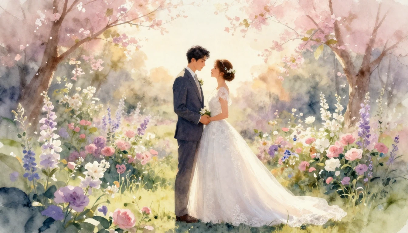 A romantic and dreamy watercolor painting of a newlywed coup...