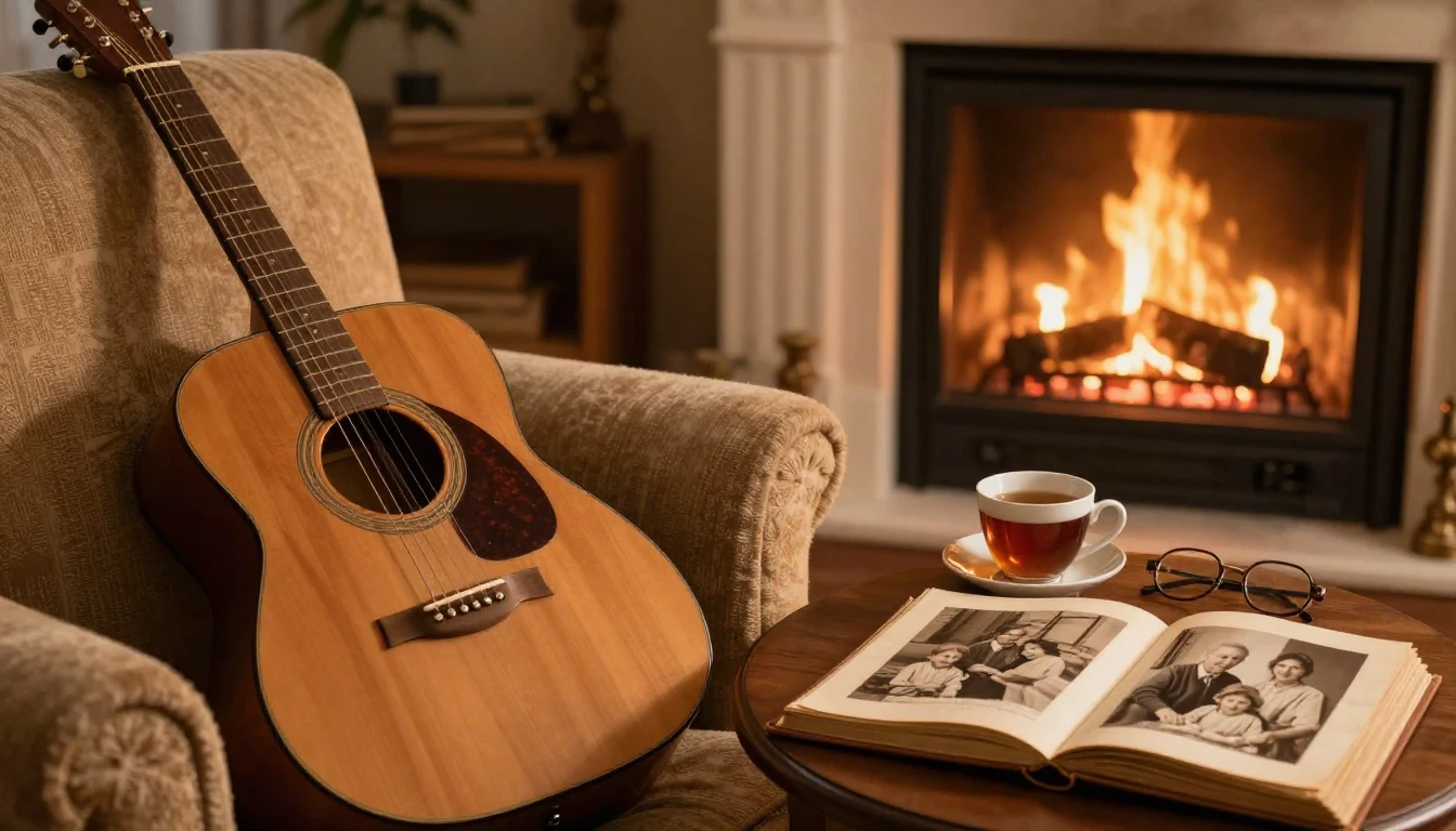A heartwarming scene of an old acoustic guitar resting near ...
