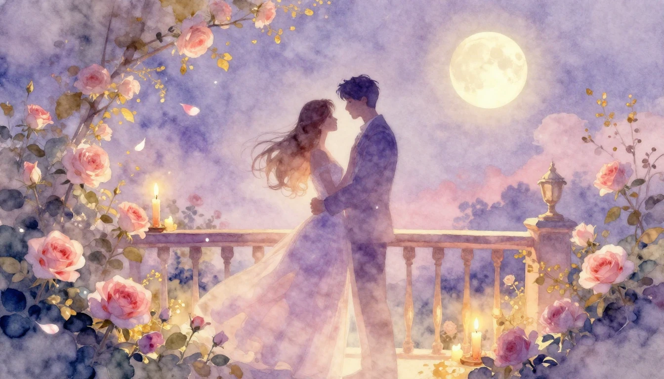 A dreamy and ethereal watercolor painting of two intertwined...