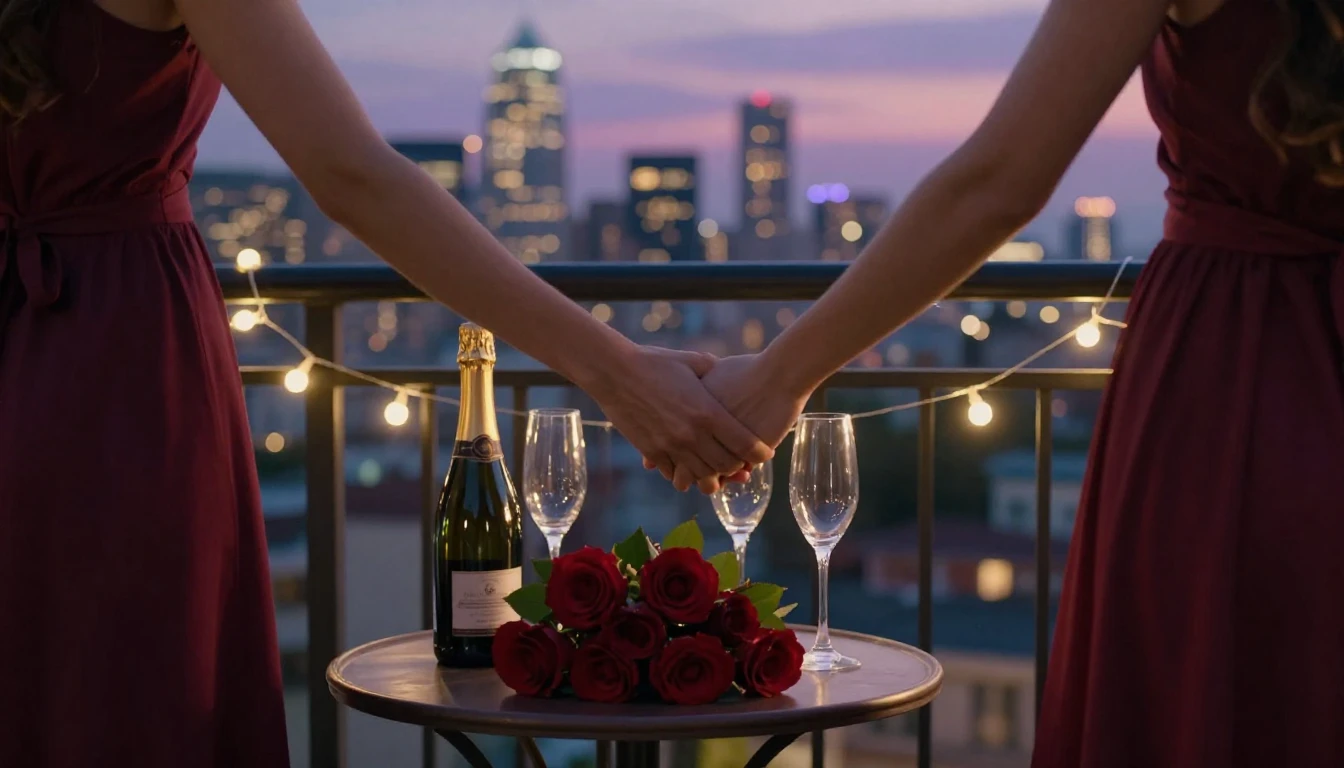 A romantic and intimate scene depicting a couple holding han...