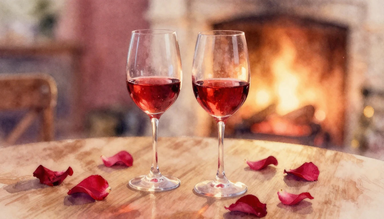 A soft watercolor painting of two elegant wine glasses on a ...