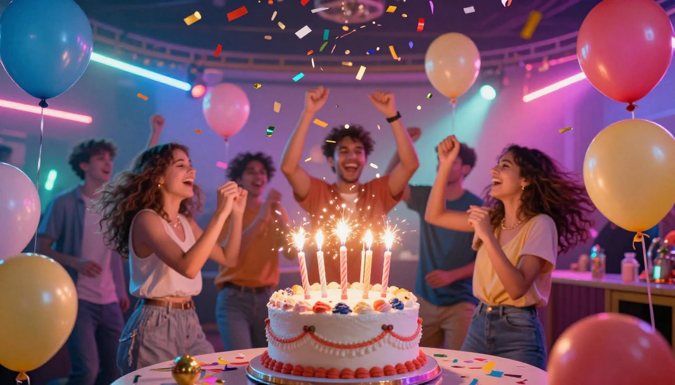 A vibrant and joyful birthday party scene, colorful balloons...