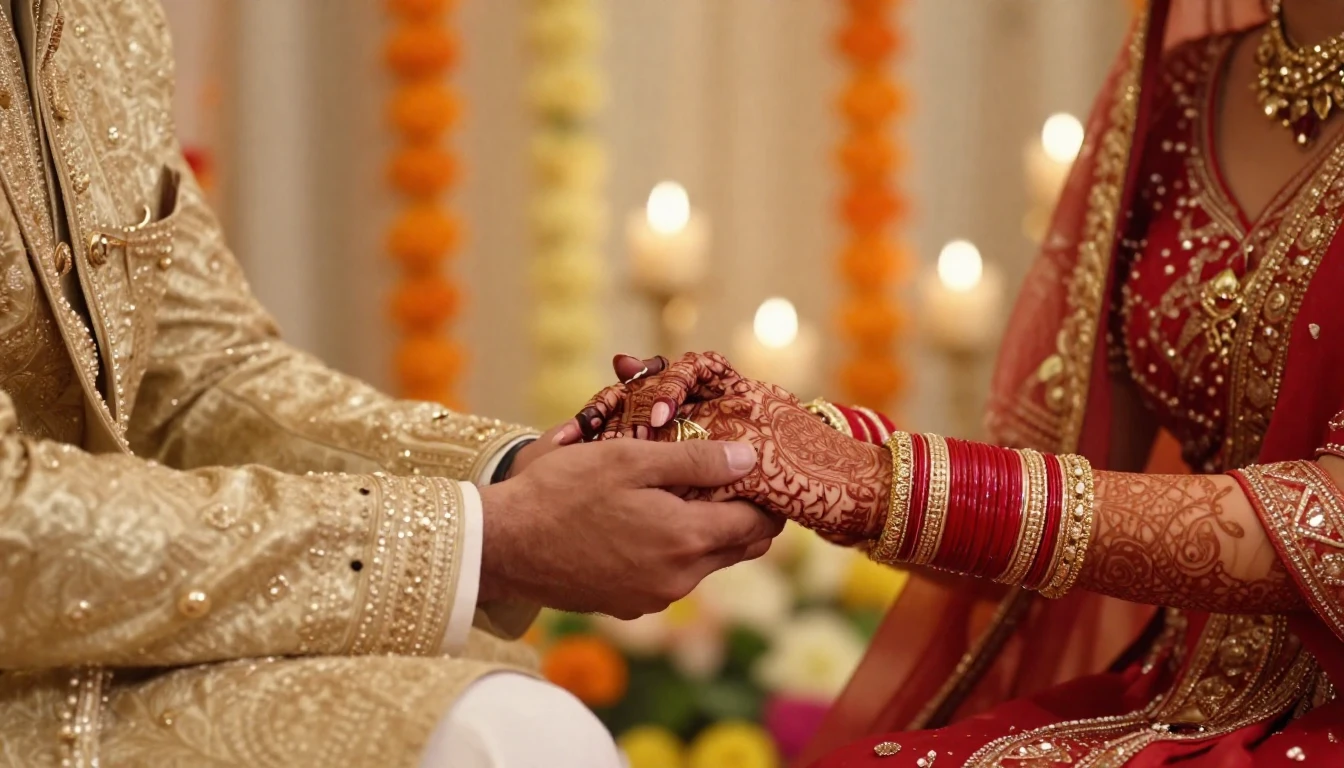 A cinematic close-up shot of a newlywed Indian couple holdin...