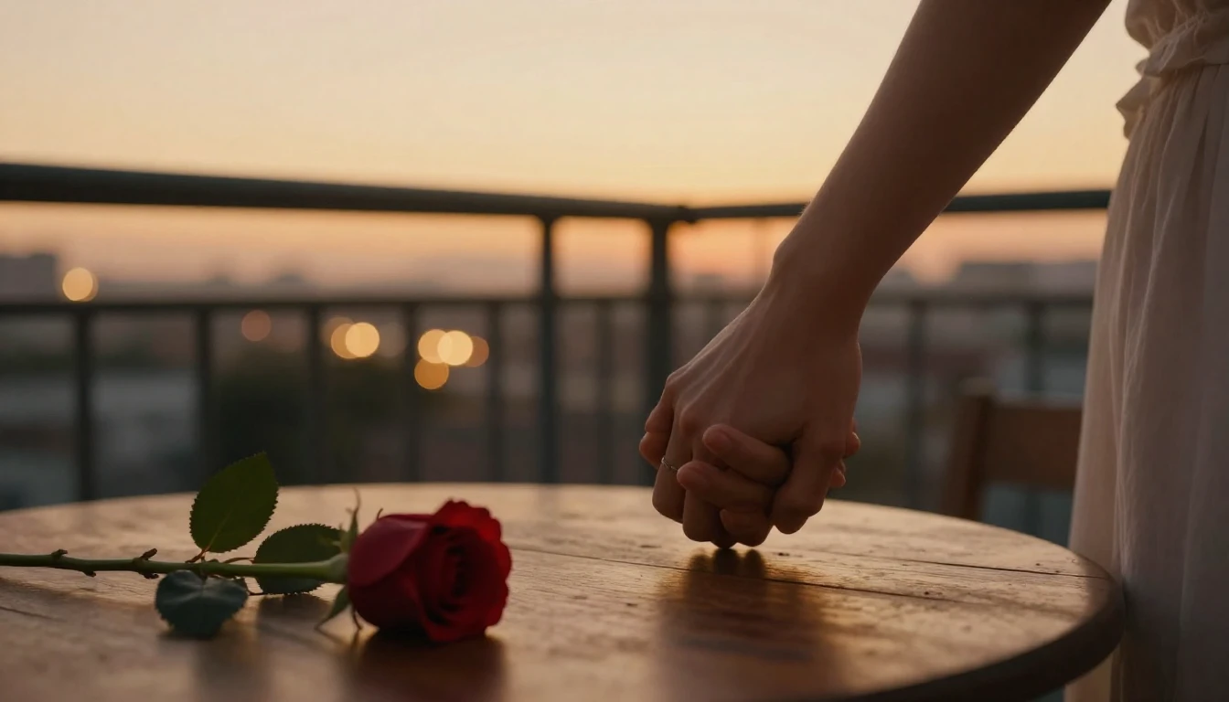 A close-up cinematic shot of a couple holding hands on a bal...