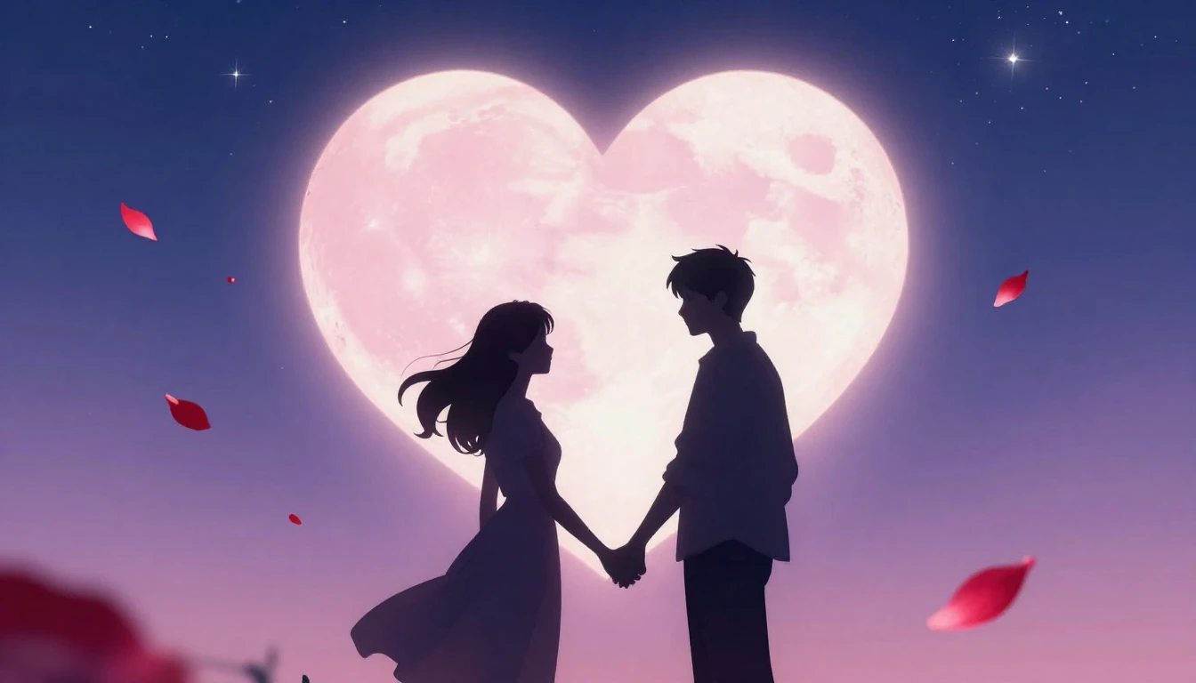 A romantic and dreamy illustration of two silhouettes holdin...