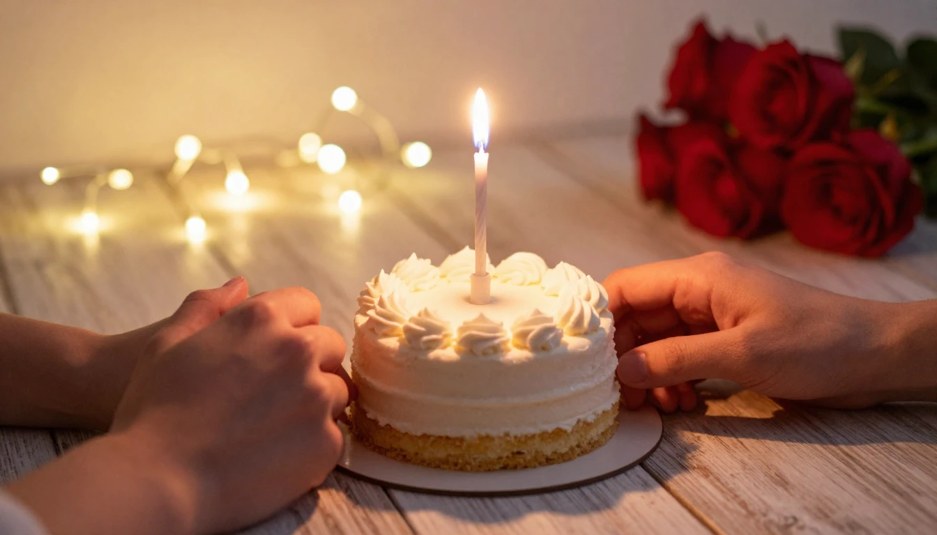 A romantic and cozy birthday setting, close-up of a small de...