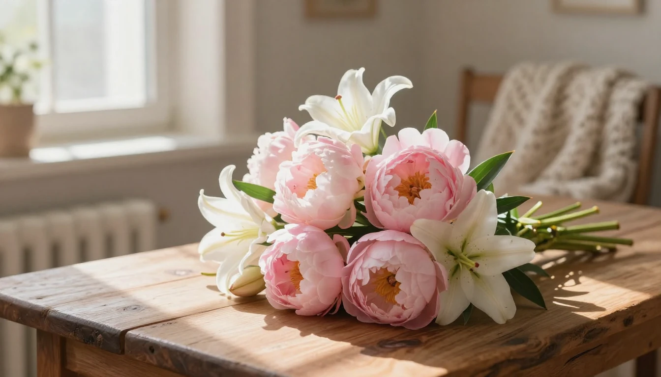 A beautiful bouquet of soft pink peonies and white lilies re...