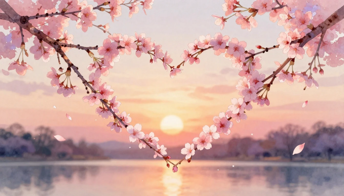 A delicate watercolor painting of two intertwined cherry blo...