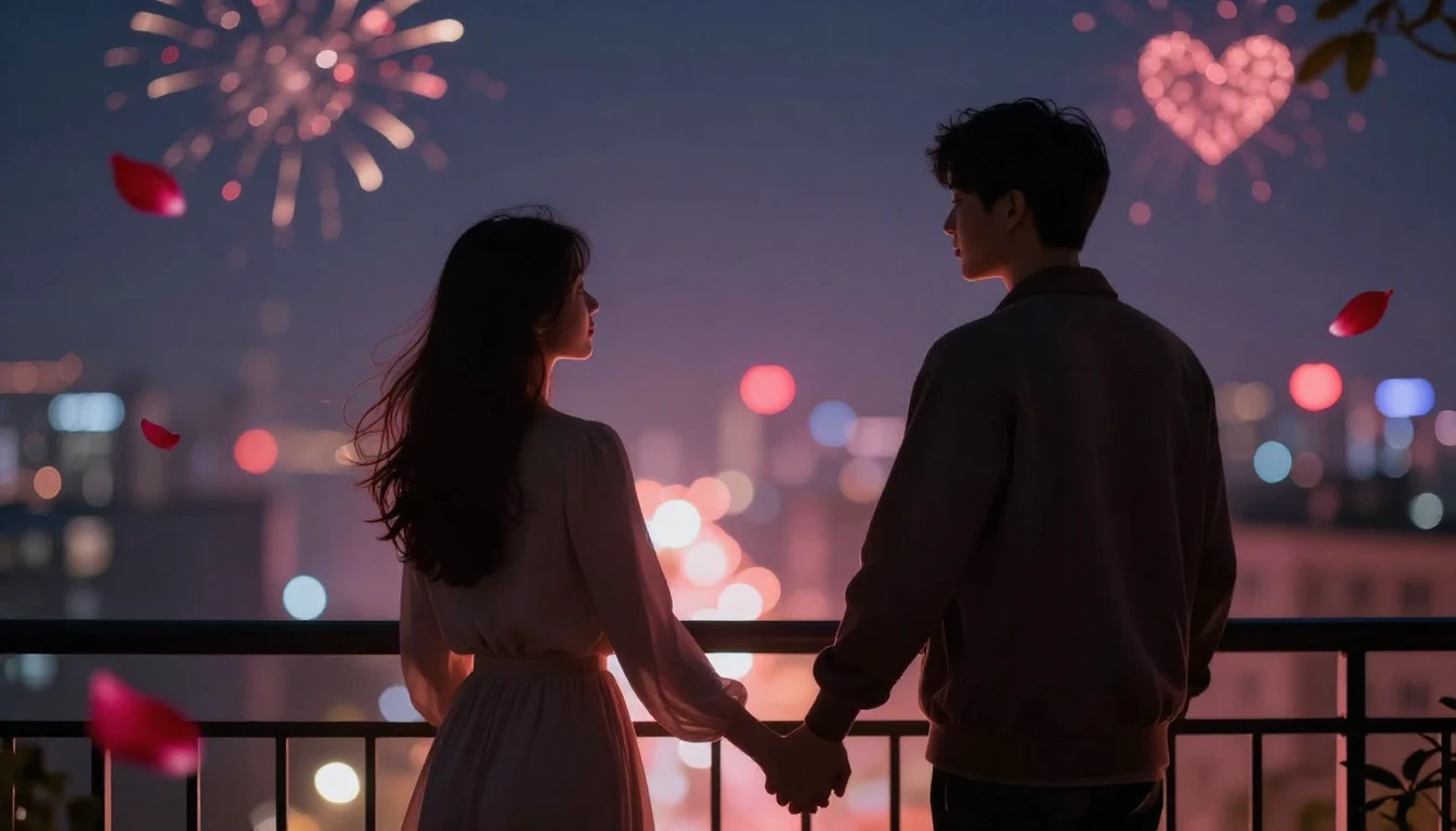 A romantic and intimate scene featuring two silhouetted figu...