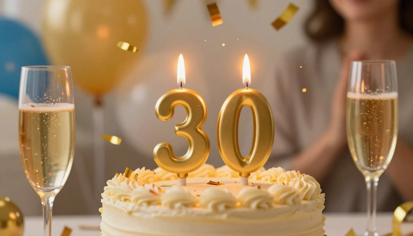 A festive and warm birthday celebration scene for a 30th bir...