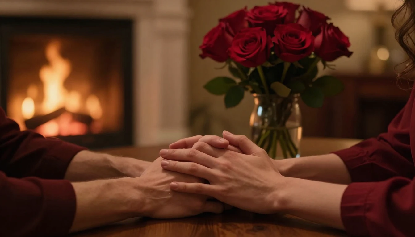 A romantic, intimate close-up scene set in a dimly lit room ...