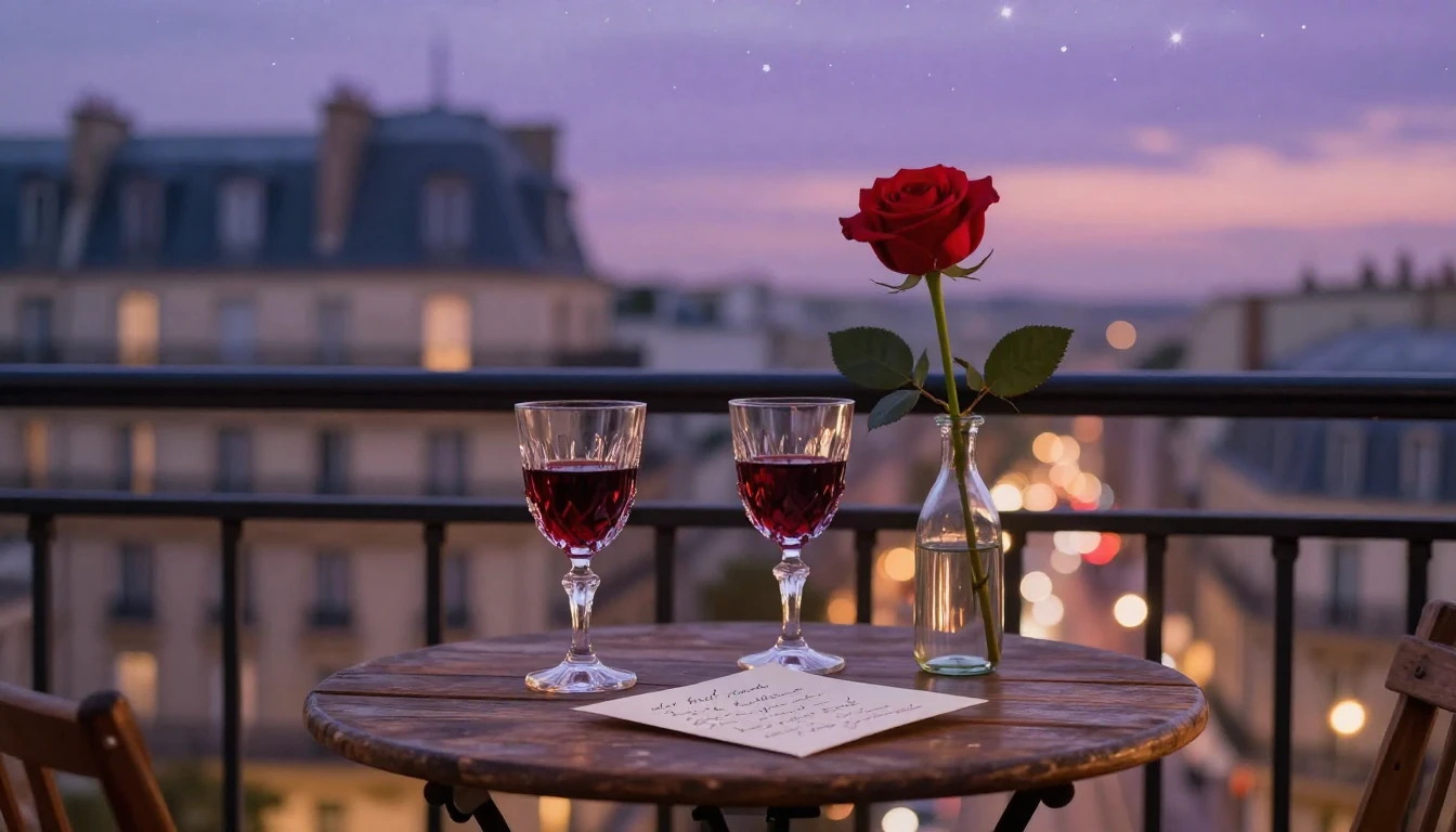 A highly romantic and intimate scene set on a small balcony ...