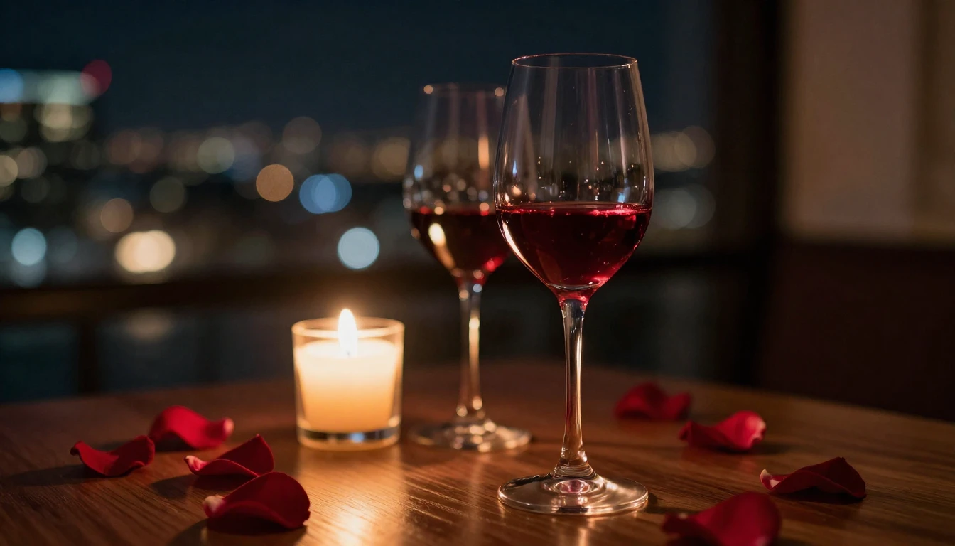 A close-up shot of two elegant wine glasses on a wooden tabl...