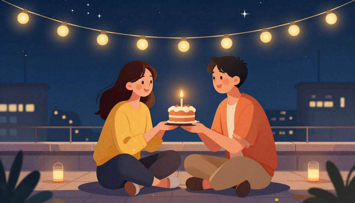 A warm and festive illustration of two friends celebrating a...