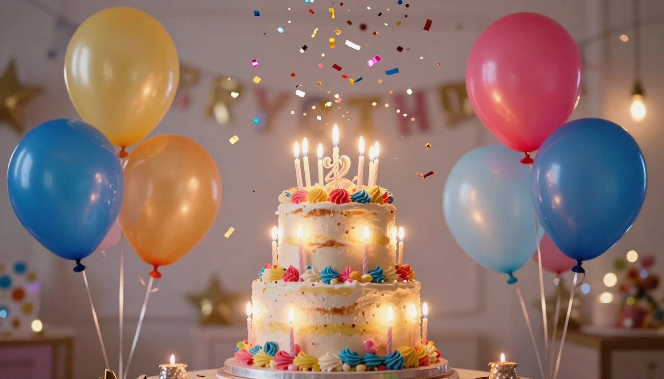 A vibrant and festive scene celebrating a birthday. The imag...