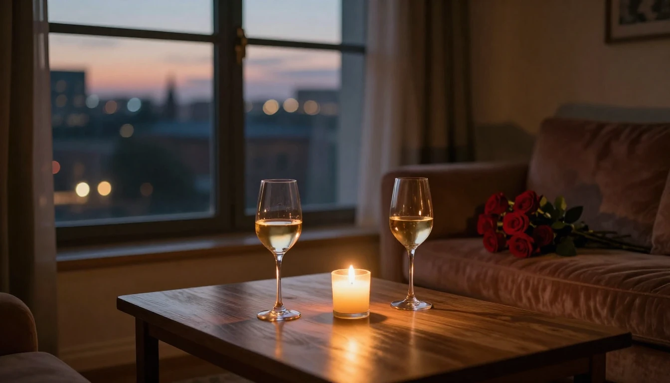 A cozy, dimly lit room with a large window overlooking a cit...