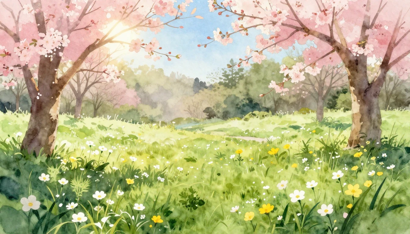 A vibrant and delicate watercolor painting of a sunlit meado...