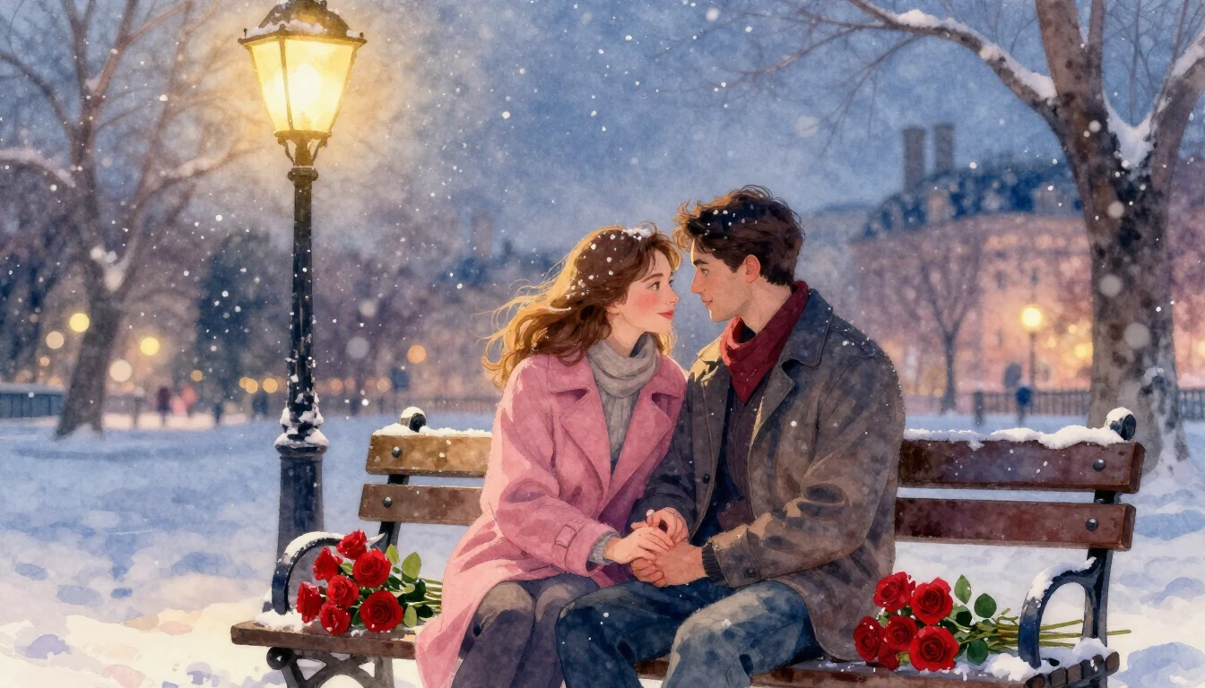 A romantic watercolor painting of a loving couple sitting on...