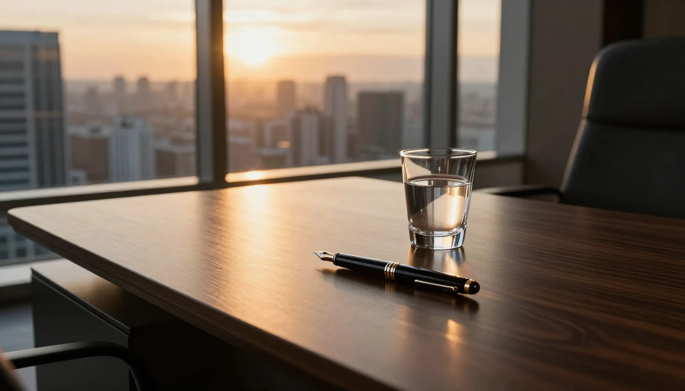 A high-angle view of a sleek, modern executive desk made of ...