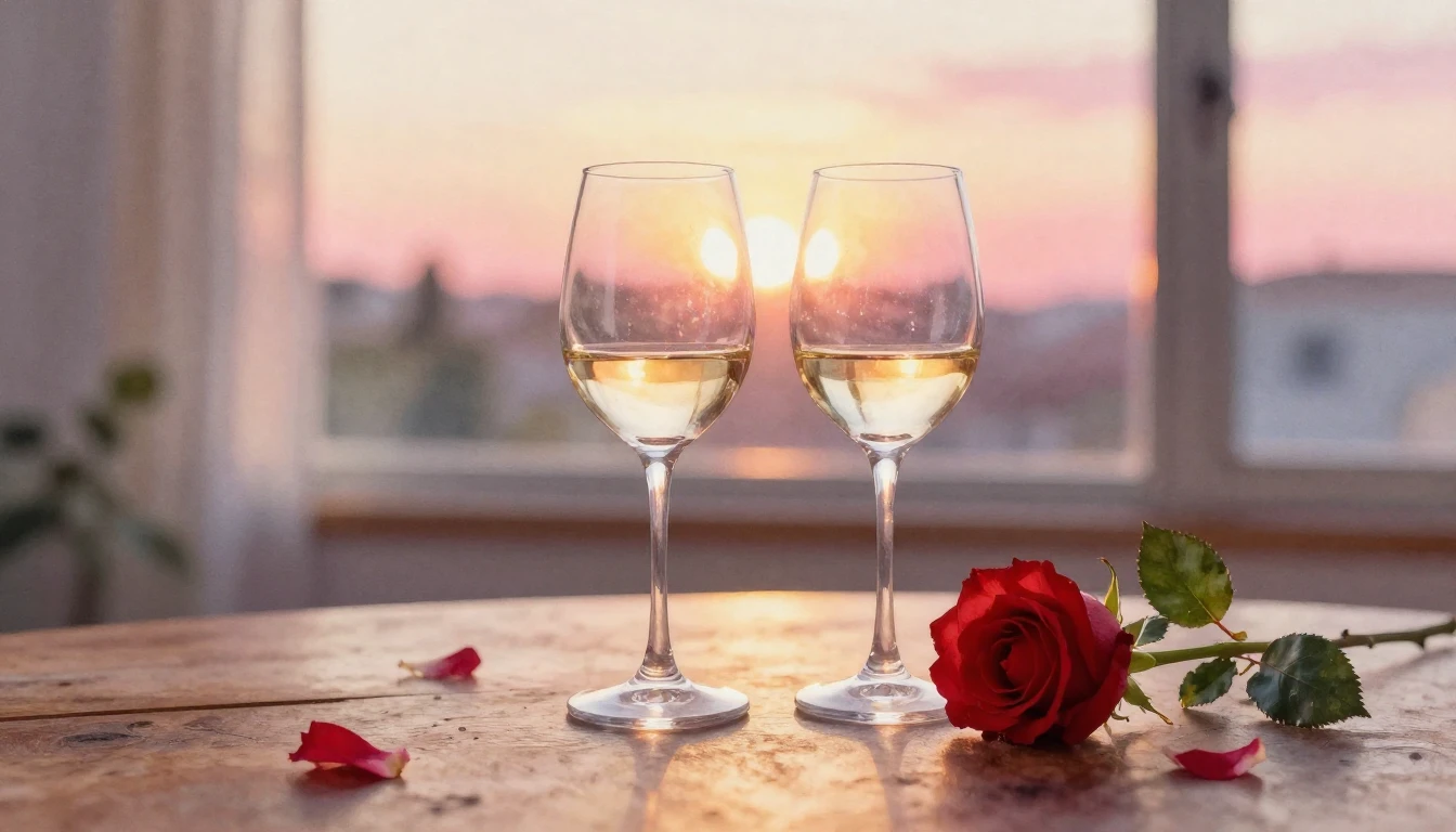 A soft watercolor painting of two elegant wine glasses sitti...