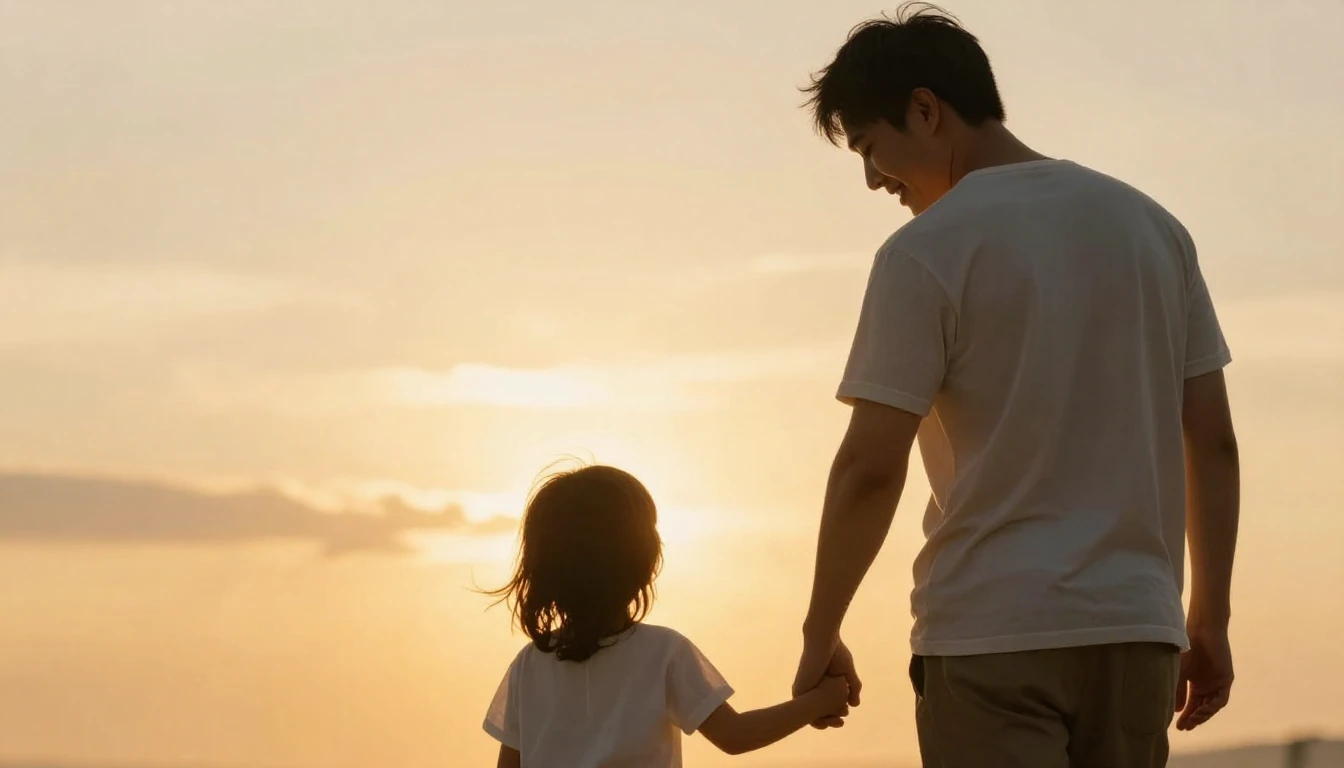A heartwarming scene of a father and child holding hands and...