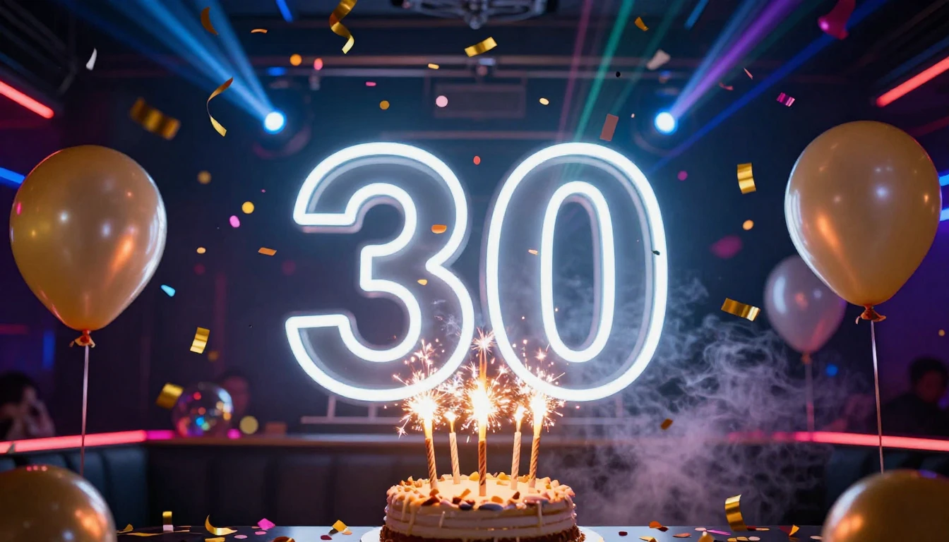 A vibrant and festive 30th birthday celebration scene, cente...
