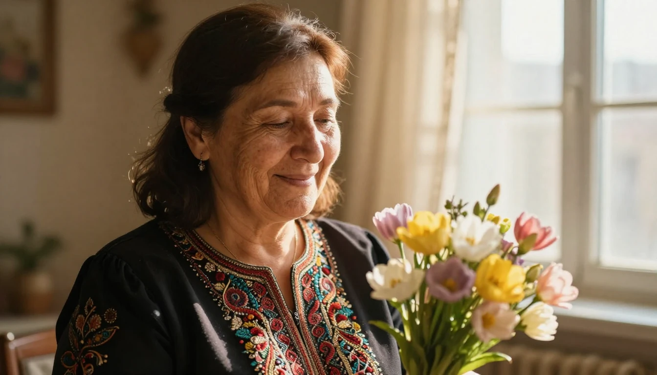 A warm and emotional close-up portrait of a kind middle-aged...