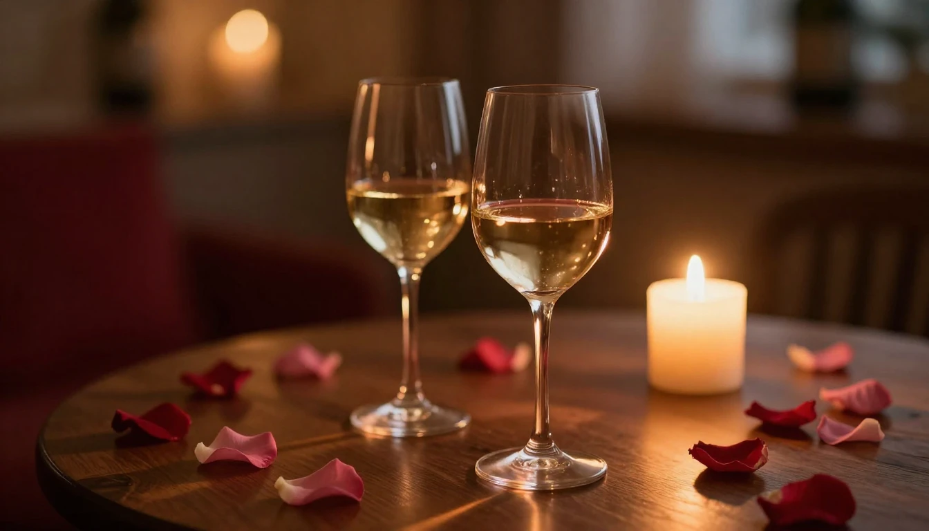 A warm and intimate scene featuring two elegant glasses of w...