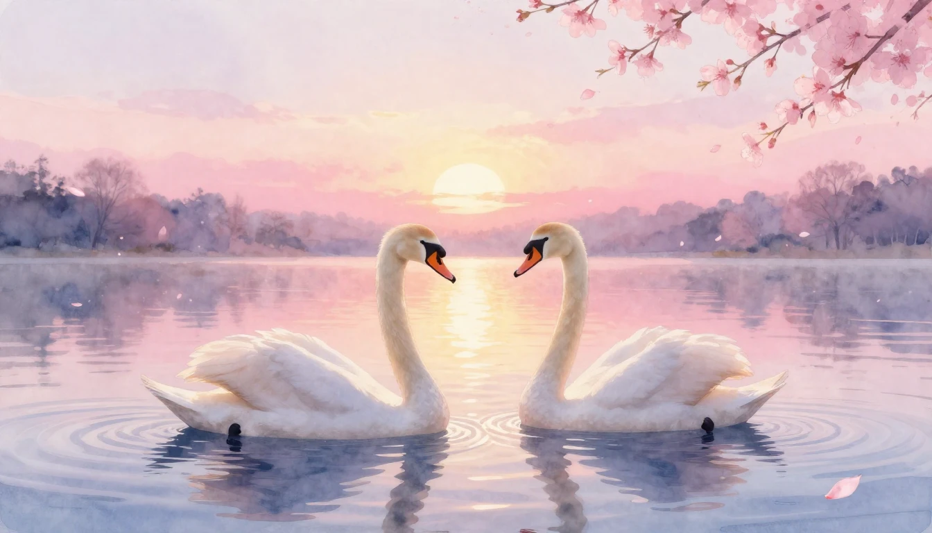 A dreamy watercolor painting of two elegant swans gliding on...