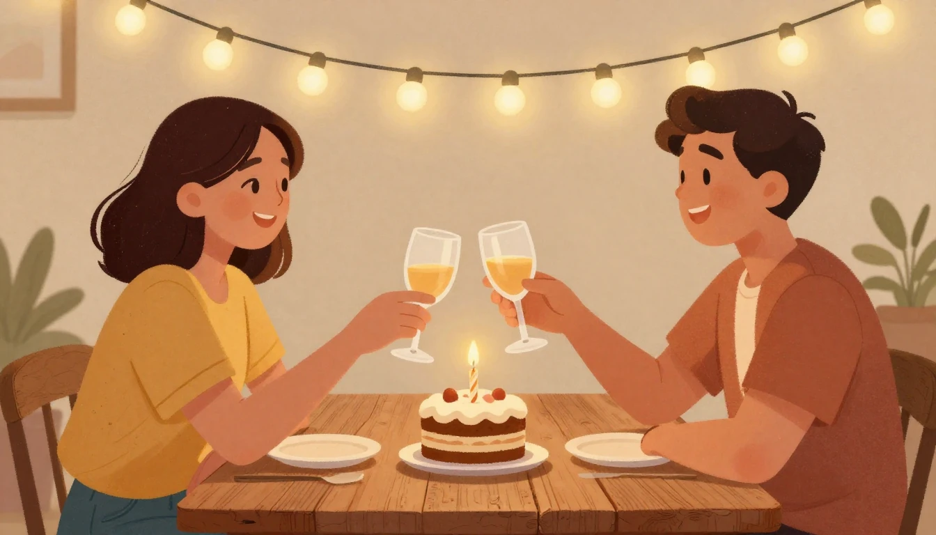 A cozy and warm illustration of two friends clinking glasses...