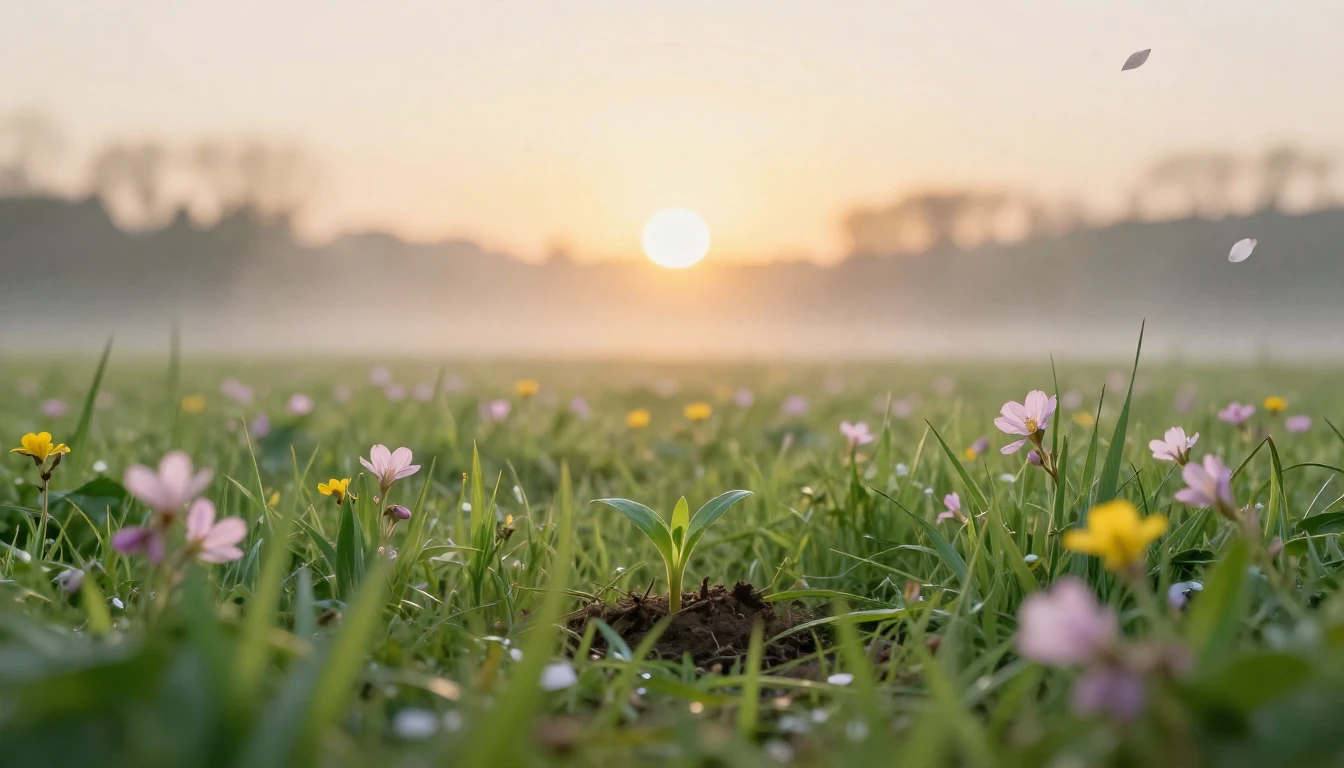 A breathtaking scene of a lush green meadow at dawn during t...