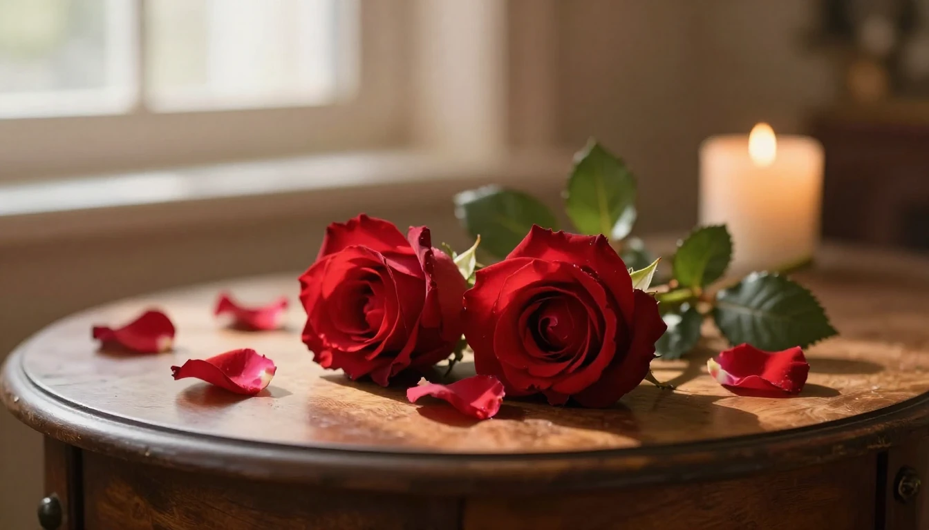 A beautiful and delicate scene featuring two intertwined red...